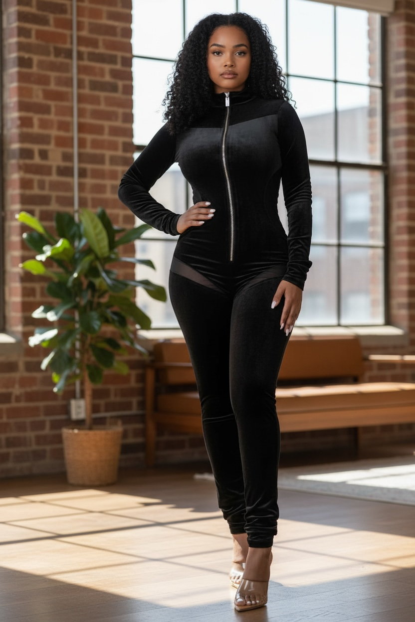 Velvet Zip-Up Jumpsuit
