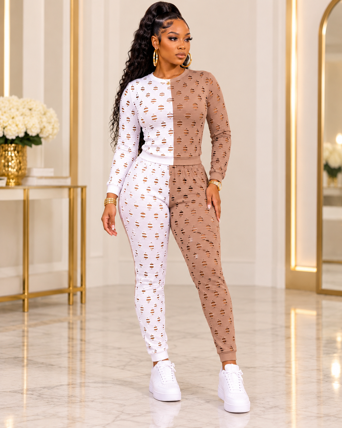 Two-Tone Distressed Two-Piece Pants Set