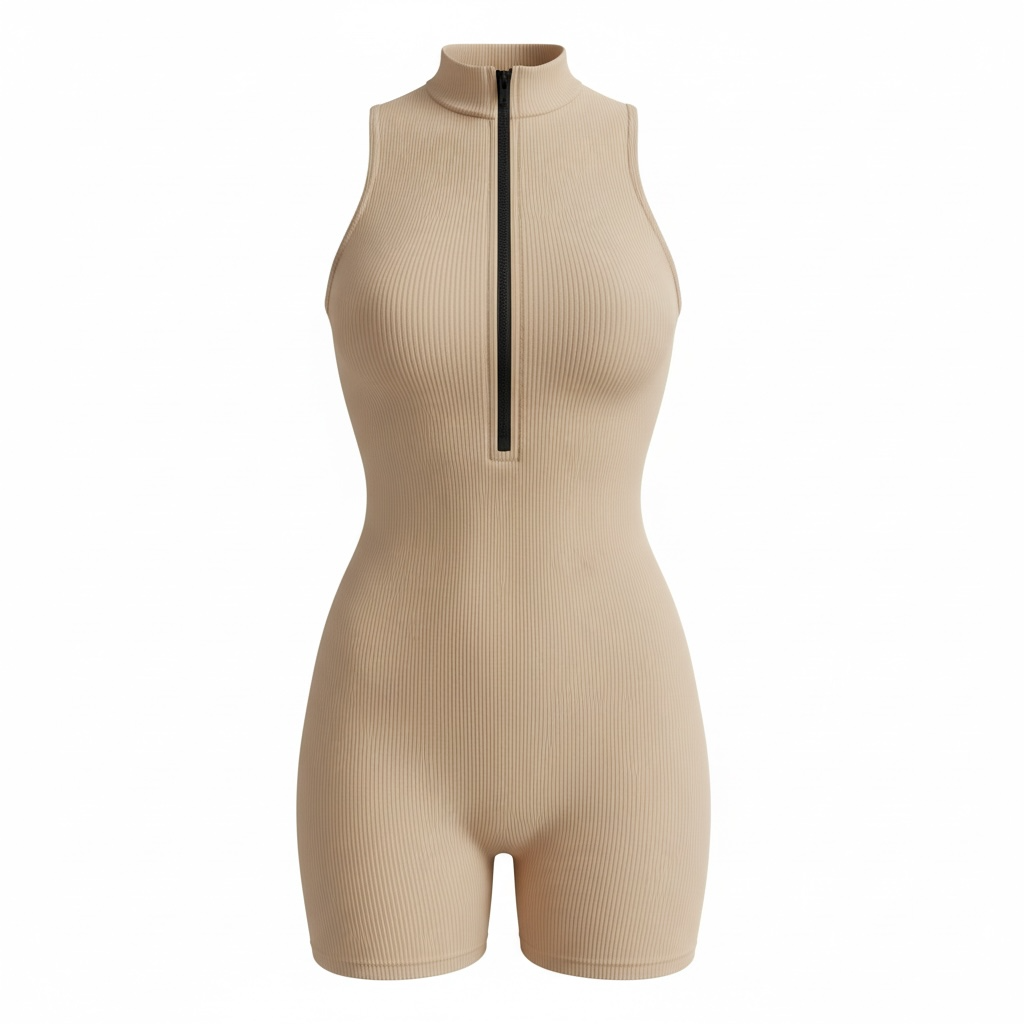 Ribbed Zip-Front Romper