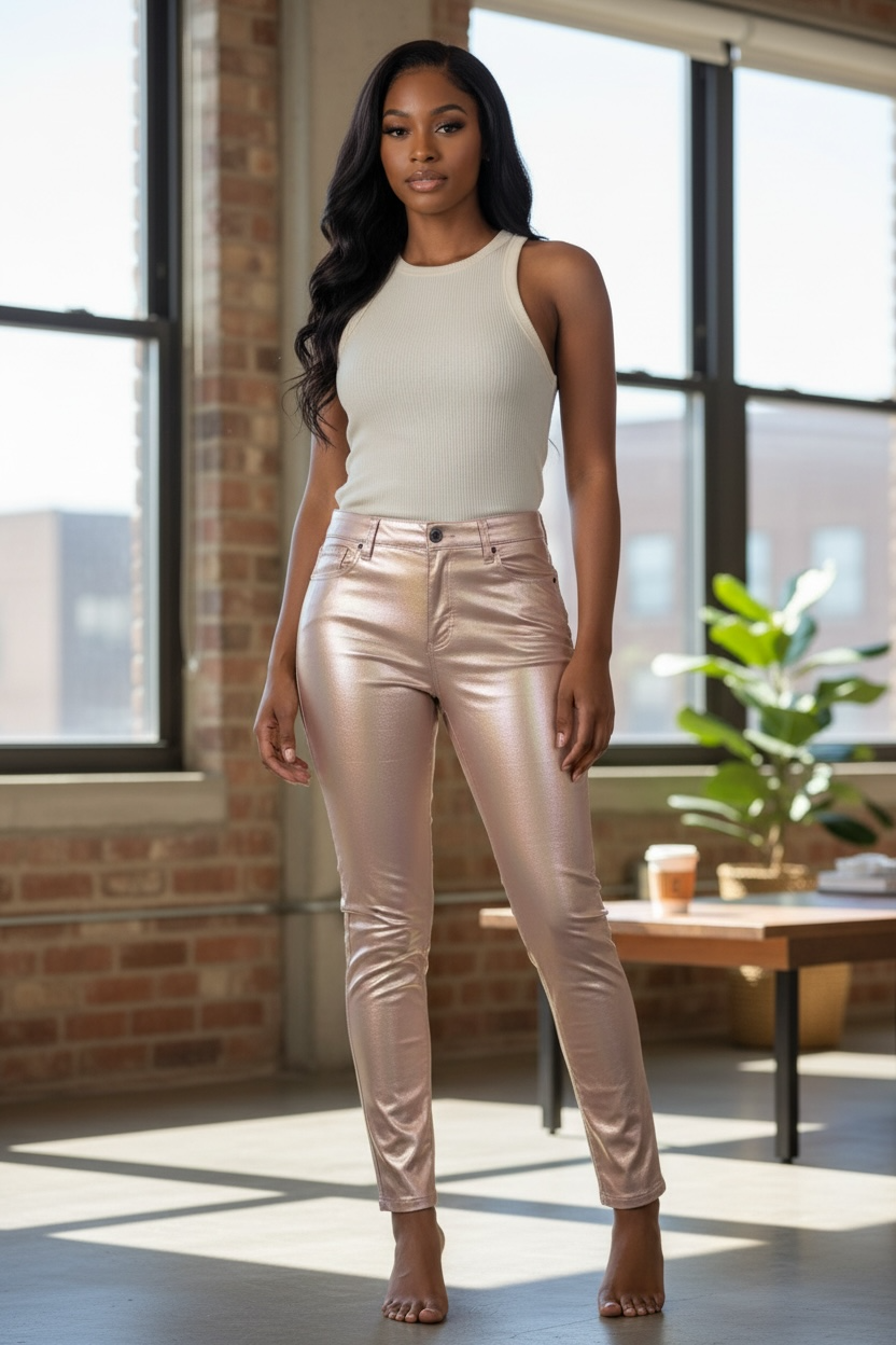 Rose Gold Luxe Coated Skinny Pants