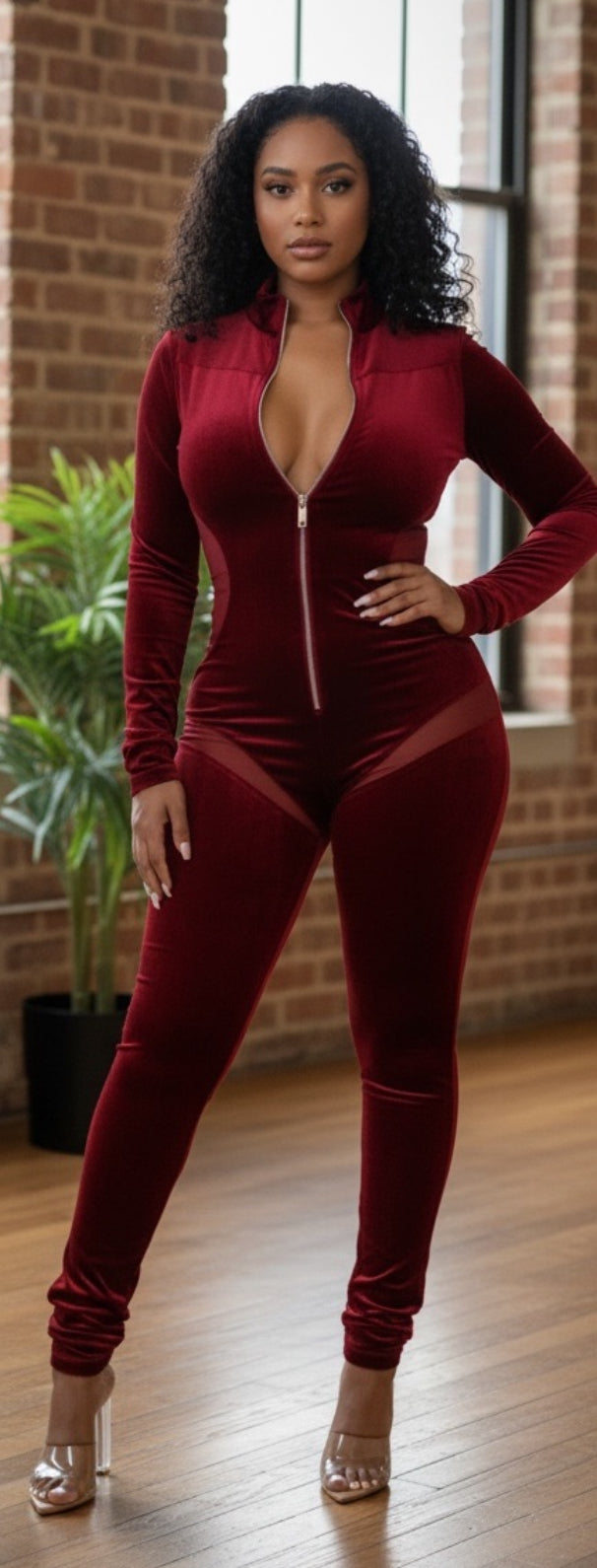 Velvet Zip-Up Jumpsuit