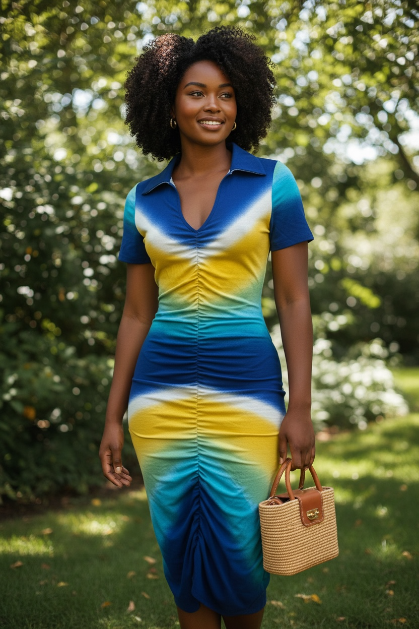 Sunset Muse Ruched Midi Dress (Blue/Yellow)