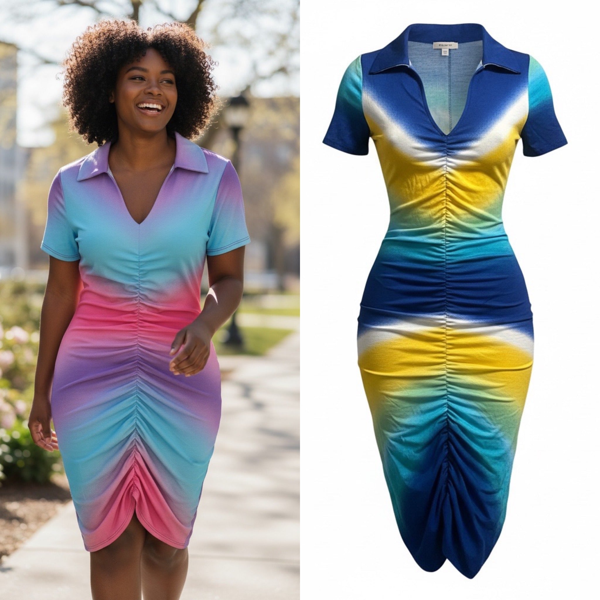 Sunset Muse Ruched Midi Dress (Blue/Yellow)